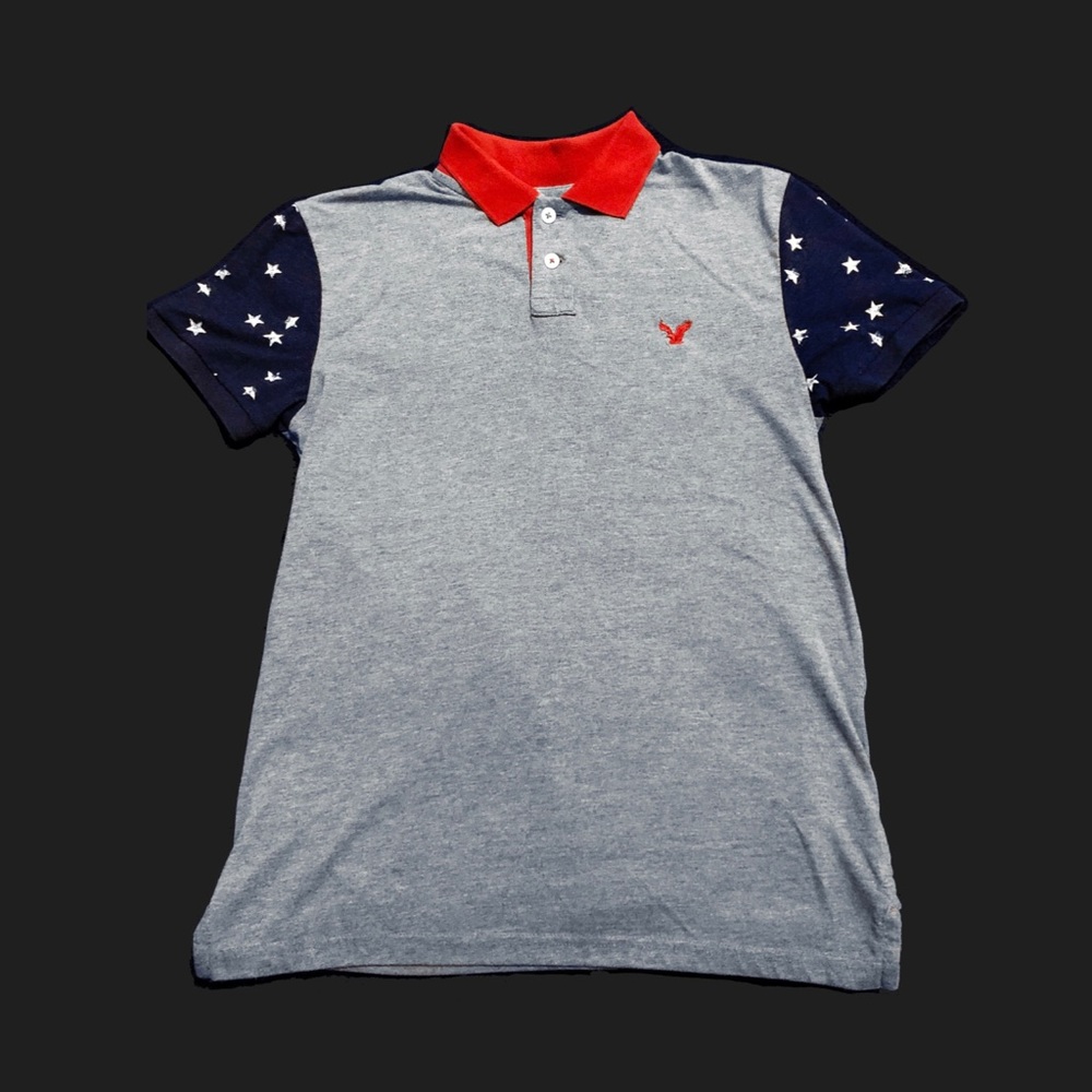 American Eagle Grey, Red and Navy Stars Polo